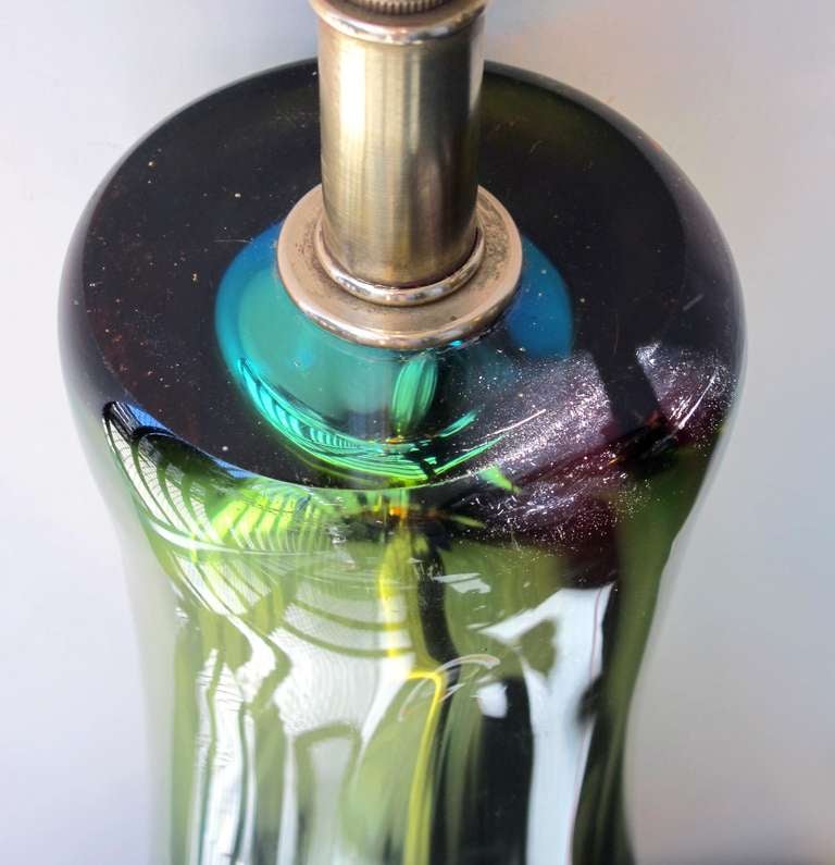 A Stunning Murano 1960's Art Glass Triangular-Form Amber and Green Encased-Glass Lamp