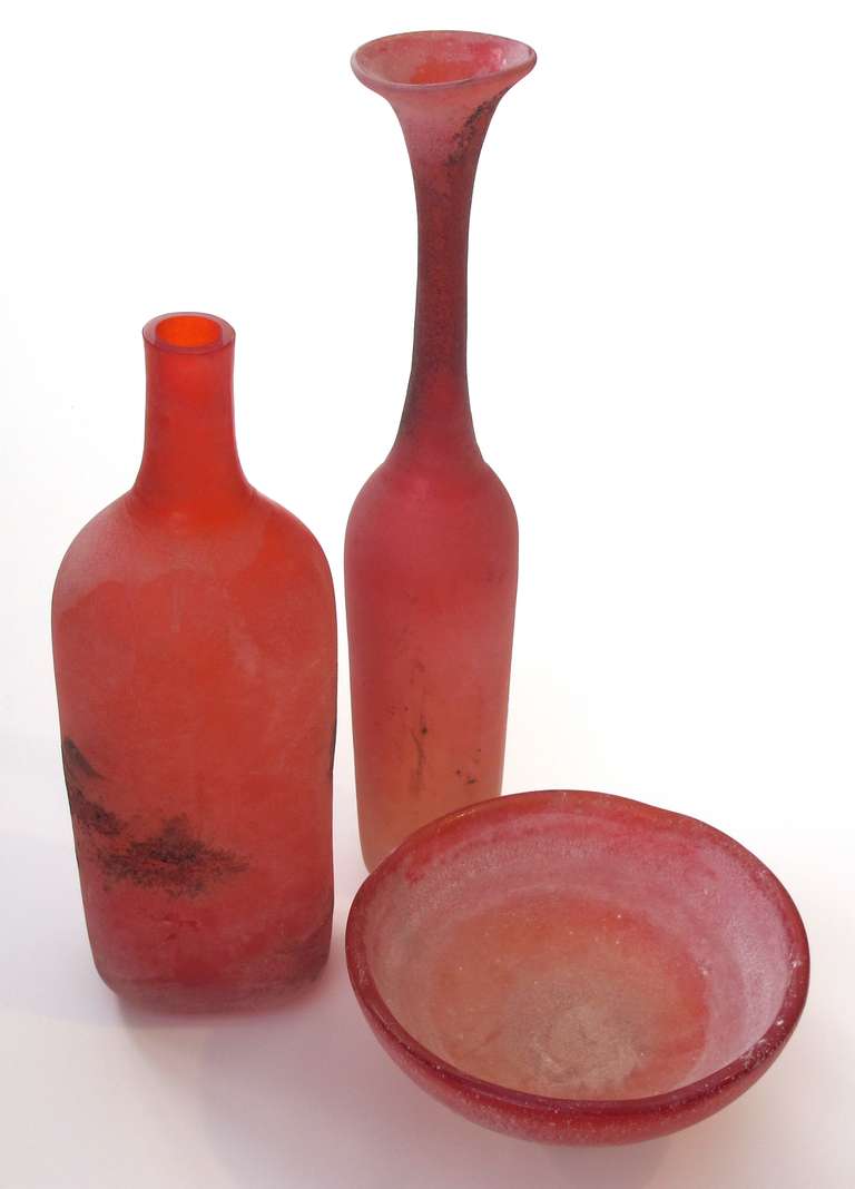 Italian A Rare and Vibrant Set of 5 Murano Scavo Vases and Bowl in Lava Red Glass; Each Signed 'Gino Cenedese'