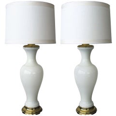 An Elegant Pair of French 1960's White Opaline Baluster-Form Glass Lamps