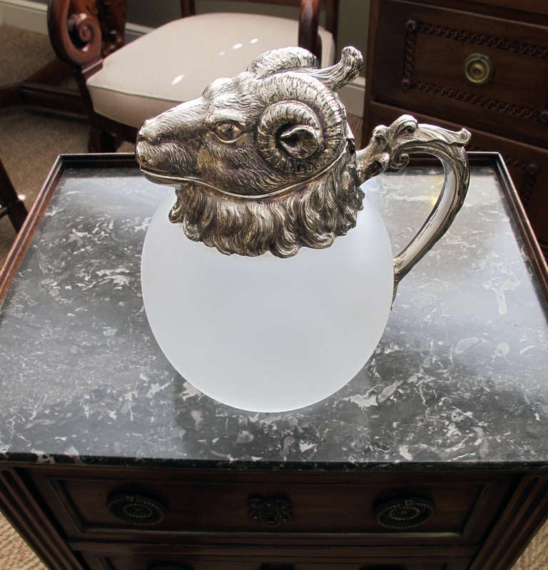 A Well-Executed French 1960's Frosted Glass and Silver-Plated Claret Pitcher In Excellent Condition In San Francisco, CA