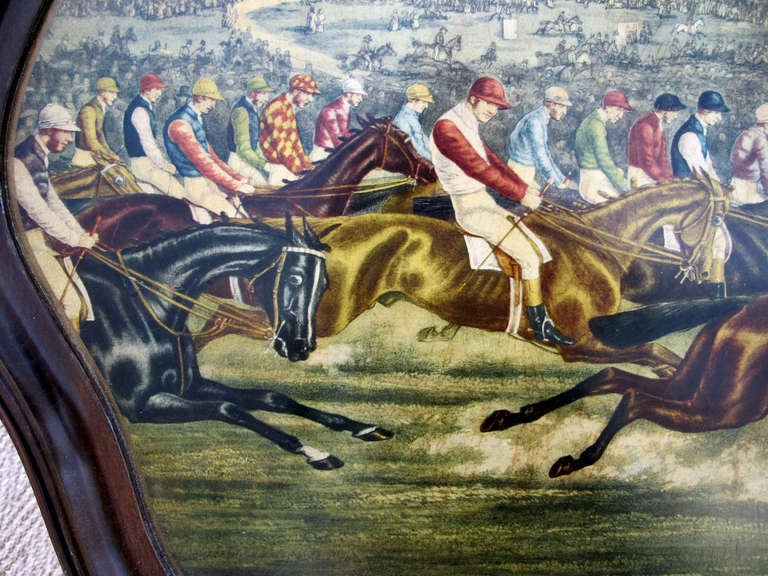 19th Century Large-Scaled English Victorian Wooden Tray-on-Stand w/Horse Racing Scene