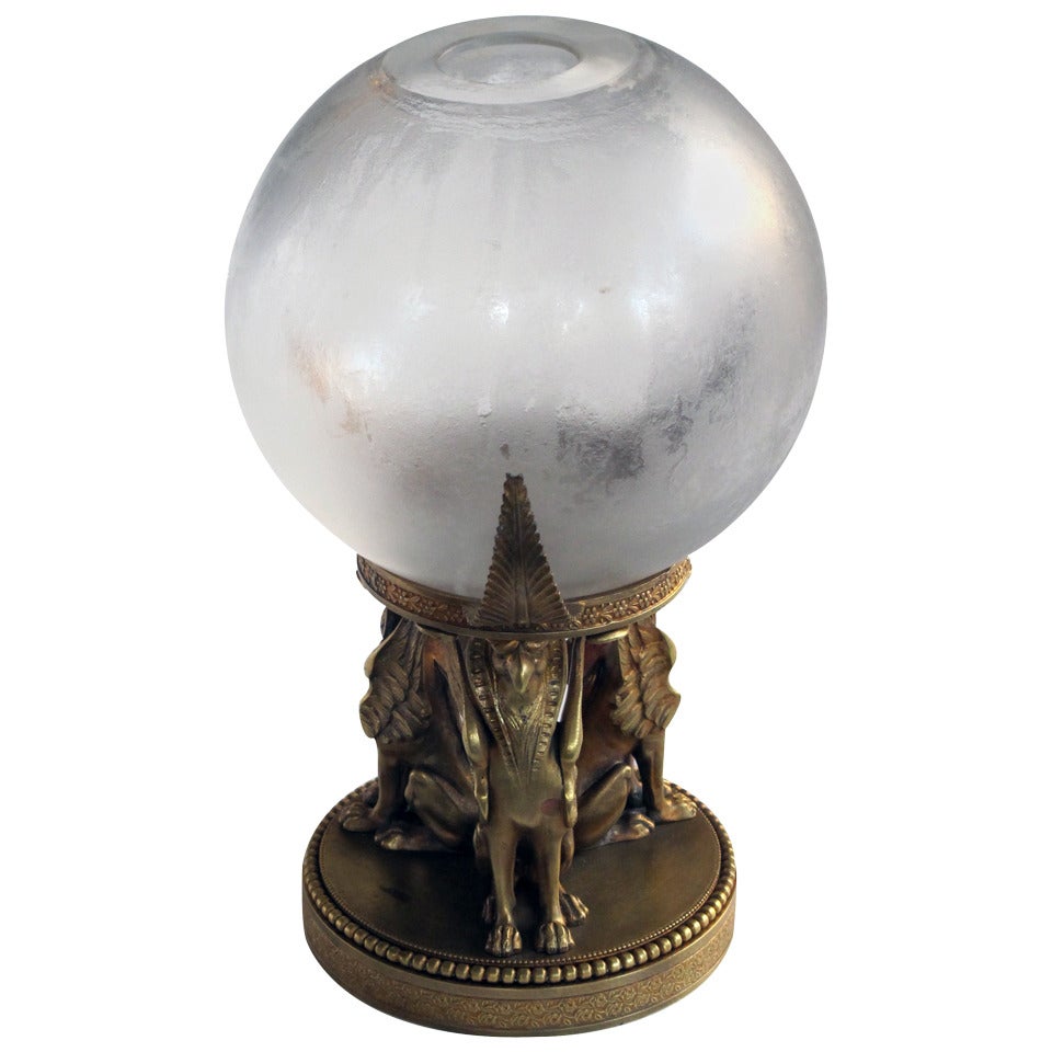 A Well-Executed Swedish Crystal Orb Vase on a Bronze Egyptian-Inspired Stand by  For Sale