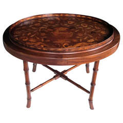 A Finely Inlaid Dutch Marquetry Oval Mahogany Tray on Stand