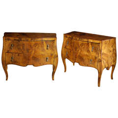 Shapely Pair of Italian Rococo Style Olivewood Bombe-Form, Two Drawer Commodes
