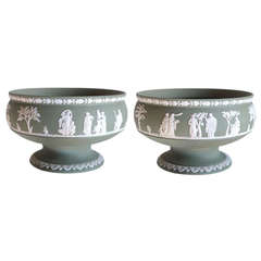 Elegant Pair of English Jasperware Olive-Green Compotes; Stamped 'Wedgwood' 8