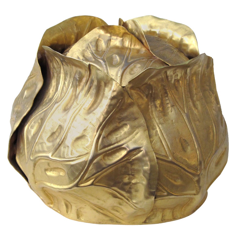 A Whimsical Italian Mid-Century Gilt-Metal Repousse Cabbage-Form Ice Bucket with Glass Insert