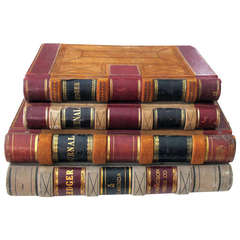Antique Unique Set of Four Leather-Bound Accounting Ledgers with Gilt Highlights