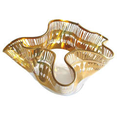 Undulating Clear Glass Handkerchief Vase with Gilded Perimeter Band and Acid Etched Signature