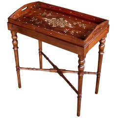 A Handsome Anglo-Indian Bone and Ebony Inlaid Rectangular Tray on Stand; Labeled 'Made in British India'