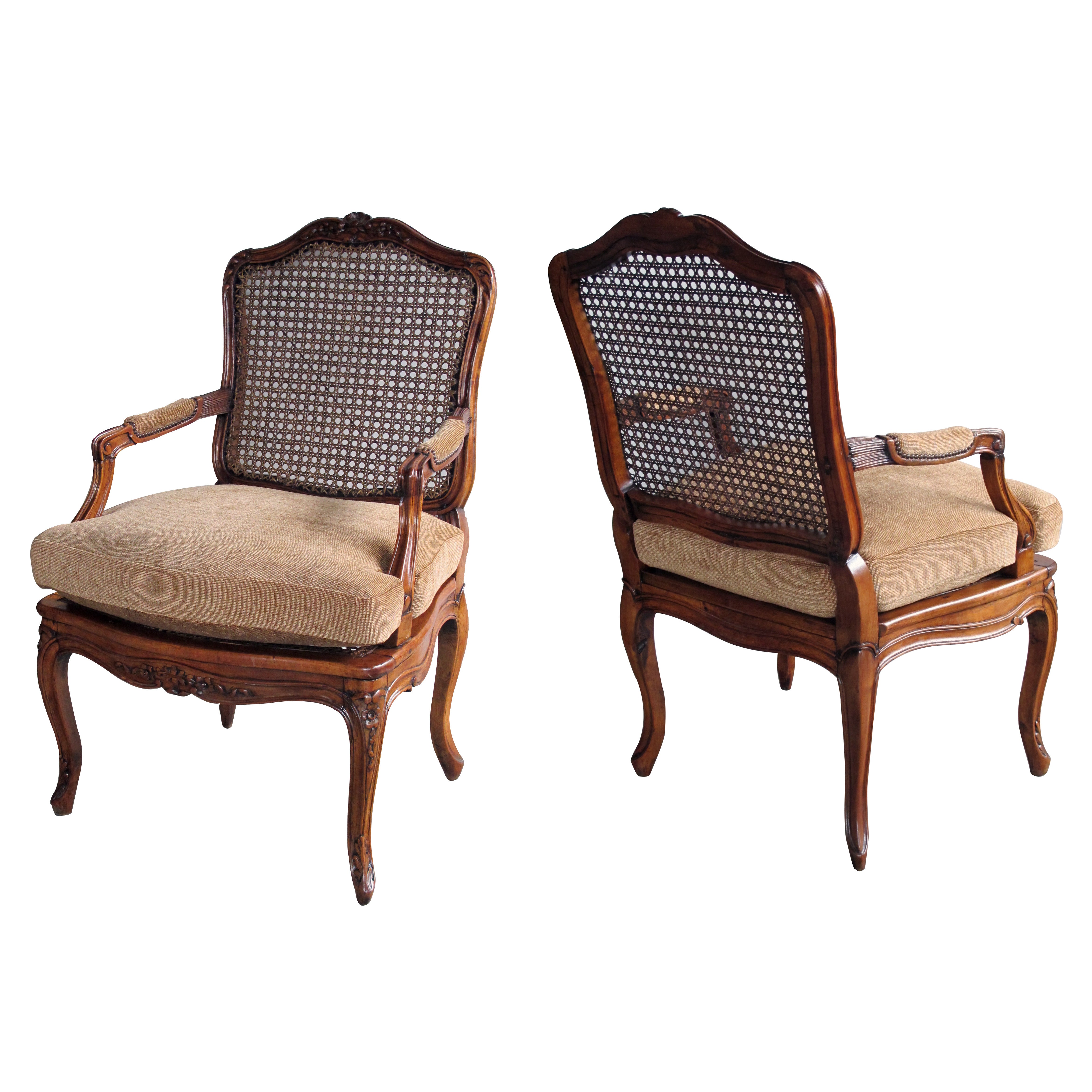 Elegant Pair of French Rococo Beechwood Open Arm Chairs with Caned Seat and Back