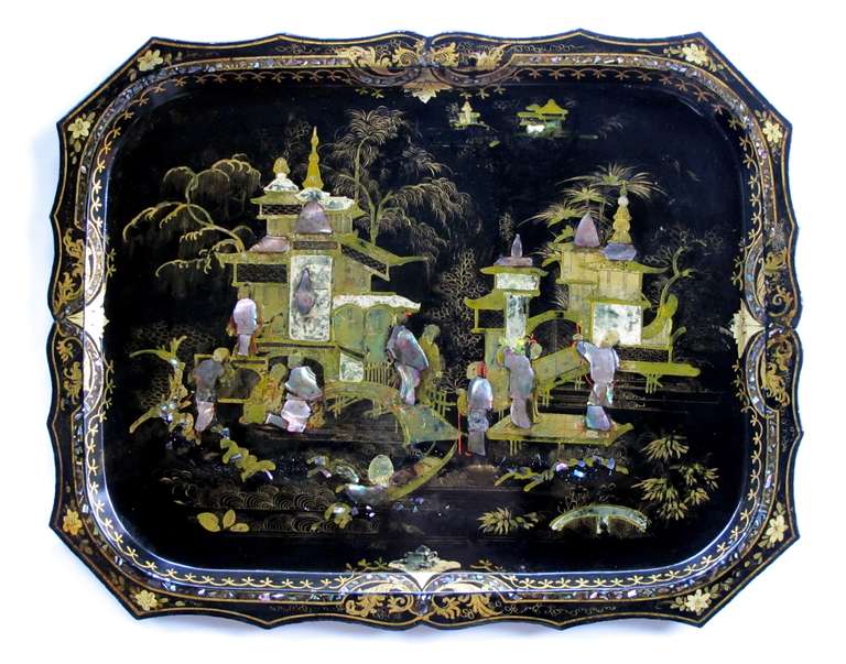 19th Century A Shapely and Finely Decorated English Black Tole Tray on Stand with Chinoiserie Decoration