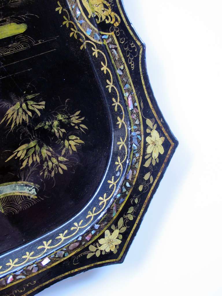A Shapely and Finely Decorated English Black Tole Tray on Stand with Chinoiserie Decoration 3