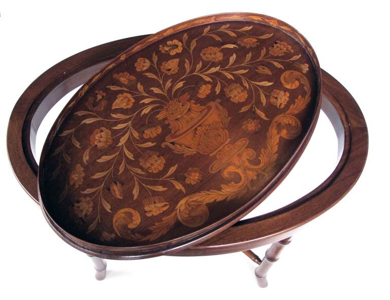 A Finely Inlaid Dutch Marquetry Oval Mahogany Tray on Stand