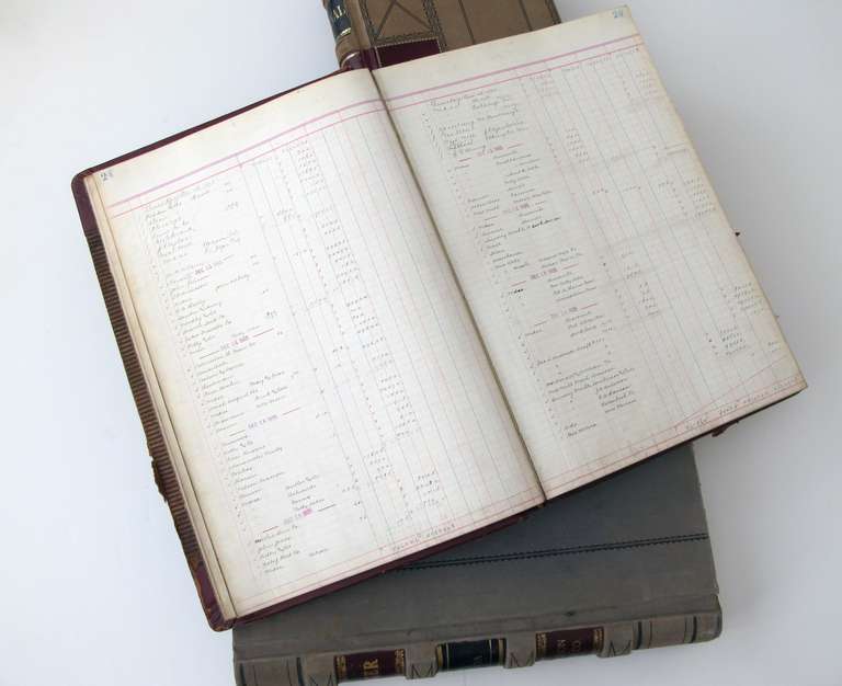 Unique Set of Four Leather-Bound Accounting Ledgers with Gilt Highlights 1