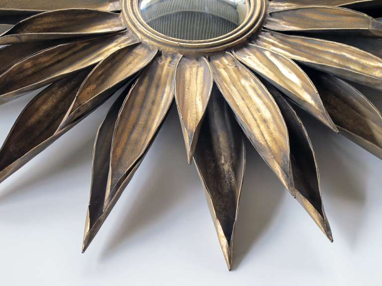 A Large-Scaled and Vibrant French 1940's Gilt-Tole Foliate Starburst Convex Mirror 1