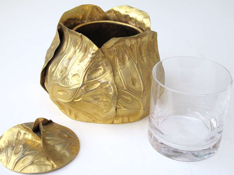 A Whimsical Italian Mid-Century Gilt-Metal Repousse Cabbage-Form Ice Bucket with Glass Insert In Good Condition In San Francisco, CA