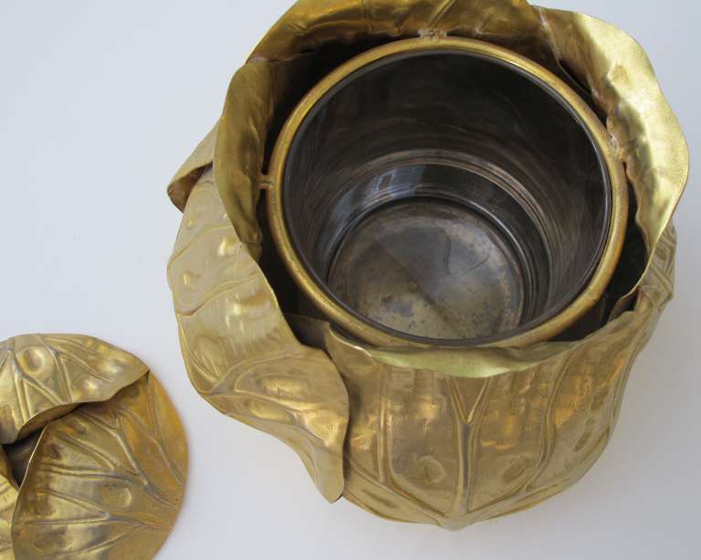 A Whimsical Italian Mid-Century Gilt-Metal Repousse Cabbage-Form Ice Bucket with Glass Insert 2