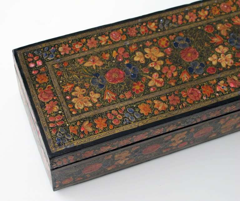 Intricately Decorated Kashmiri Rectangular Lacquered Box In Excellent Condition In San Francisco, CA