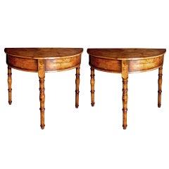 A Pair of Swedish Late Empire Birch Demilune Tables wi/Faux Bamboo Legs