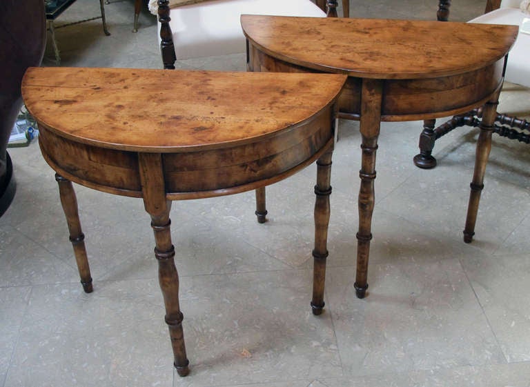 A Pair of Swedish Late Empire Birch Demilune Tables wi/Faux Bamboo Legs