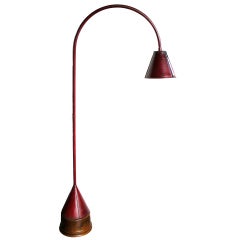 An Important French Maroon Red Leather Floor Lamp; by Jacques Adnet