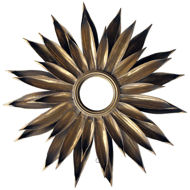 A Large-Scaled and Vibrant French 1940's Gilt-Tole Foliate Starburst Convex Mirror
