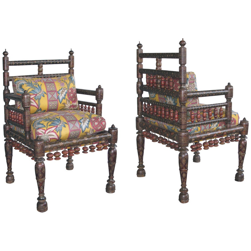 A Rare Pair of Kashmiri Lacquered Armchairs