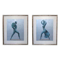 A Striking and Rare Pair of Japanese Art Deco Watercolor Paintings of Nude Dancers