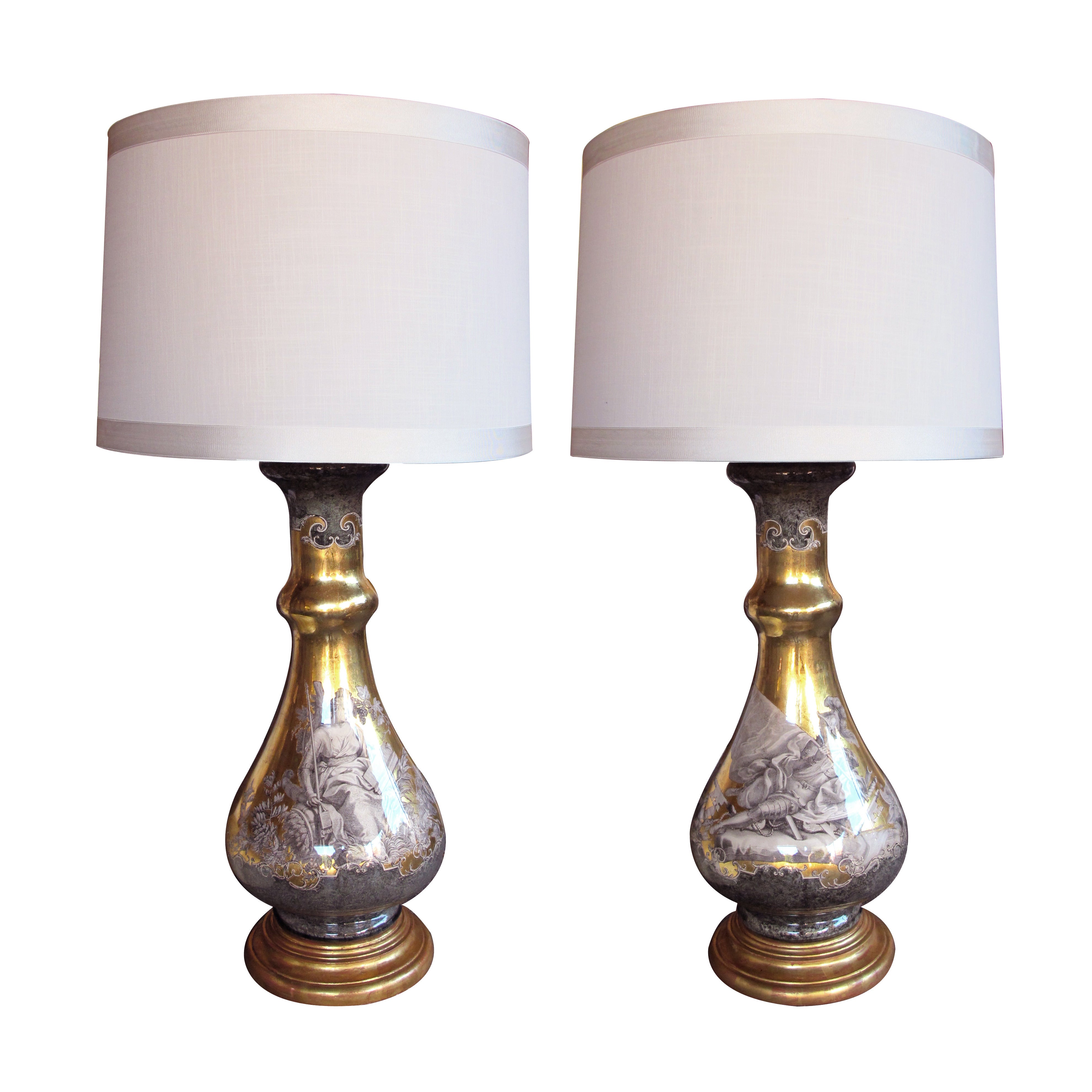 A Chic and Good Quality Pair of Italian 1960's Fornasetti Style Verre Eglomise Lamps