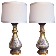 A Chic and Good Quality Pair of Italian 1960's Fornasetti Style Verre Eglomise Lamps