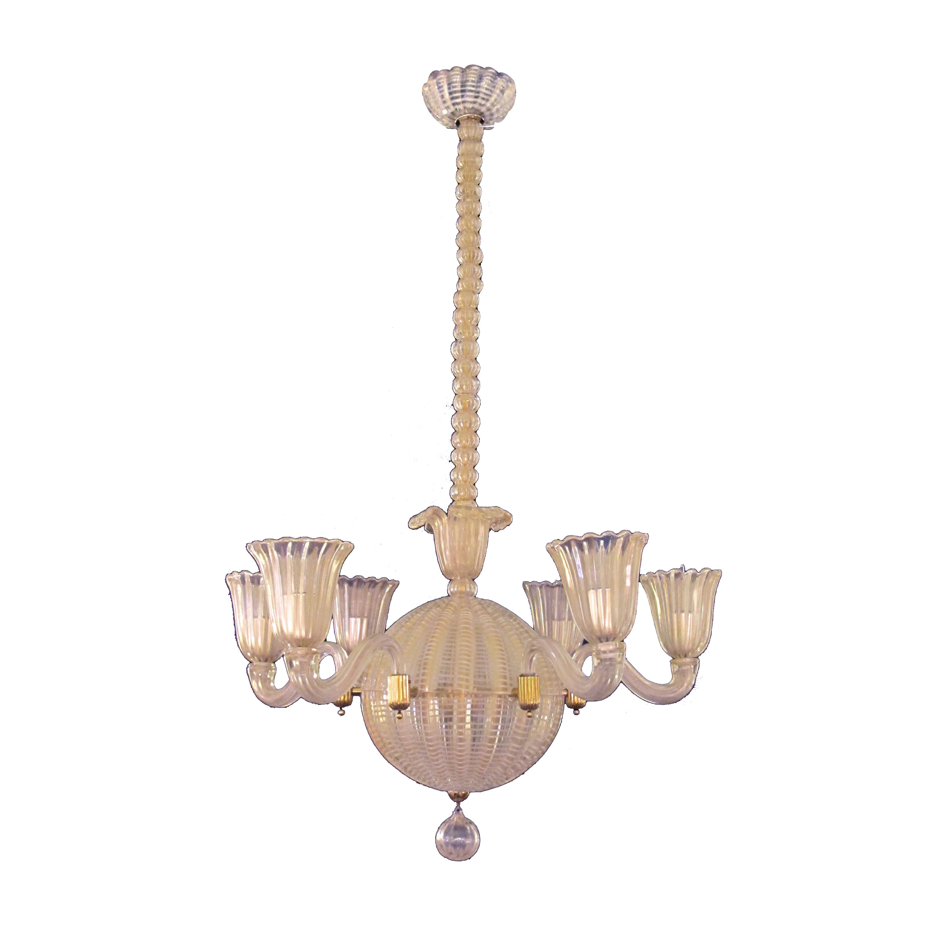 Mid-Century Murano, Six Light Spheroid Chandelier by Dino Martens