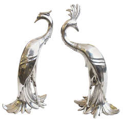An Elegant and Stylized Pair of American Art Deco Silver-Plated Peacocks by Weidlich Brothers