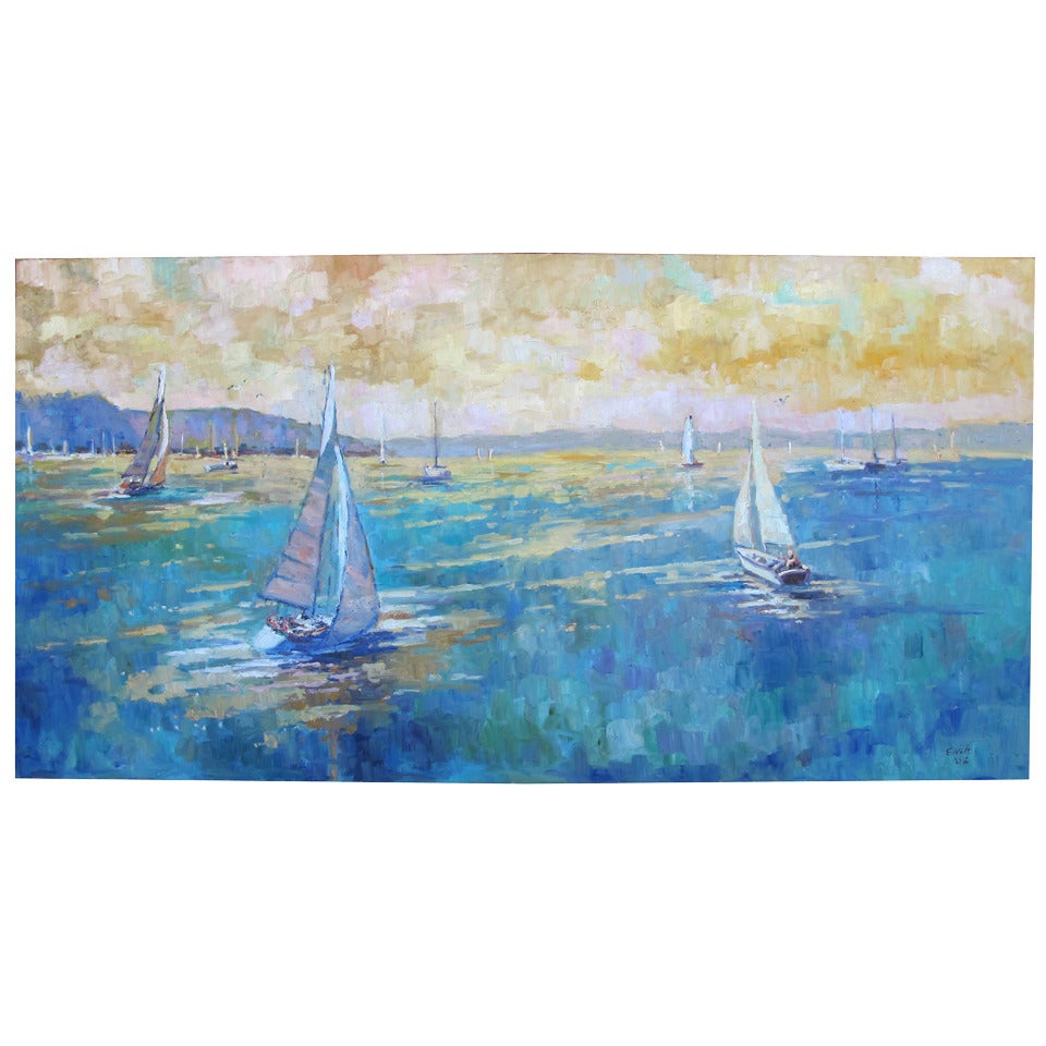 A Large & Tranquil Impressionist Oil Painting of Sailboats Along the California Coast by John Eagle