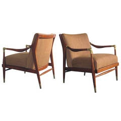 Pair of Danish Modern 1960s Brass Accented Lounge Chairs; Ib Kofod-Larsen