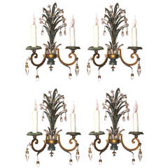 Set of Four French Painted and Gilt Tole Crystal Two-Light Wall Sconces, Bagues