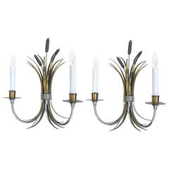 Pair of French Nickel, Brass and Bronze Sconces of Tied Cattails, Maison Charles 6