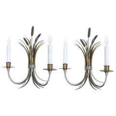Pair of French Nickel, Brass and Bronze Sconces of Tied Cattails, Maison Charles
