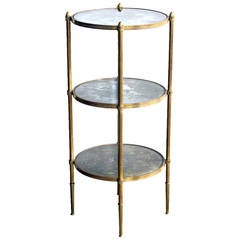 Brass Three-Tier Circular Side Table with Mirrored Shelves by Maison Bagues
