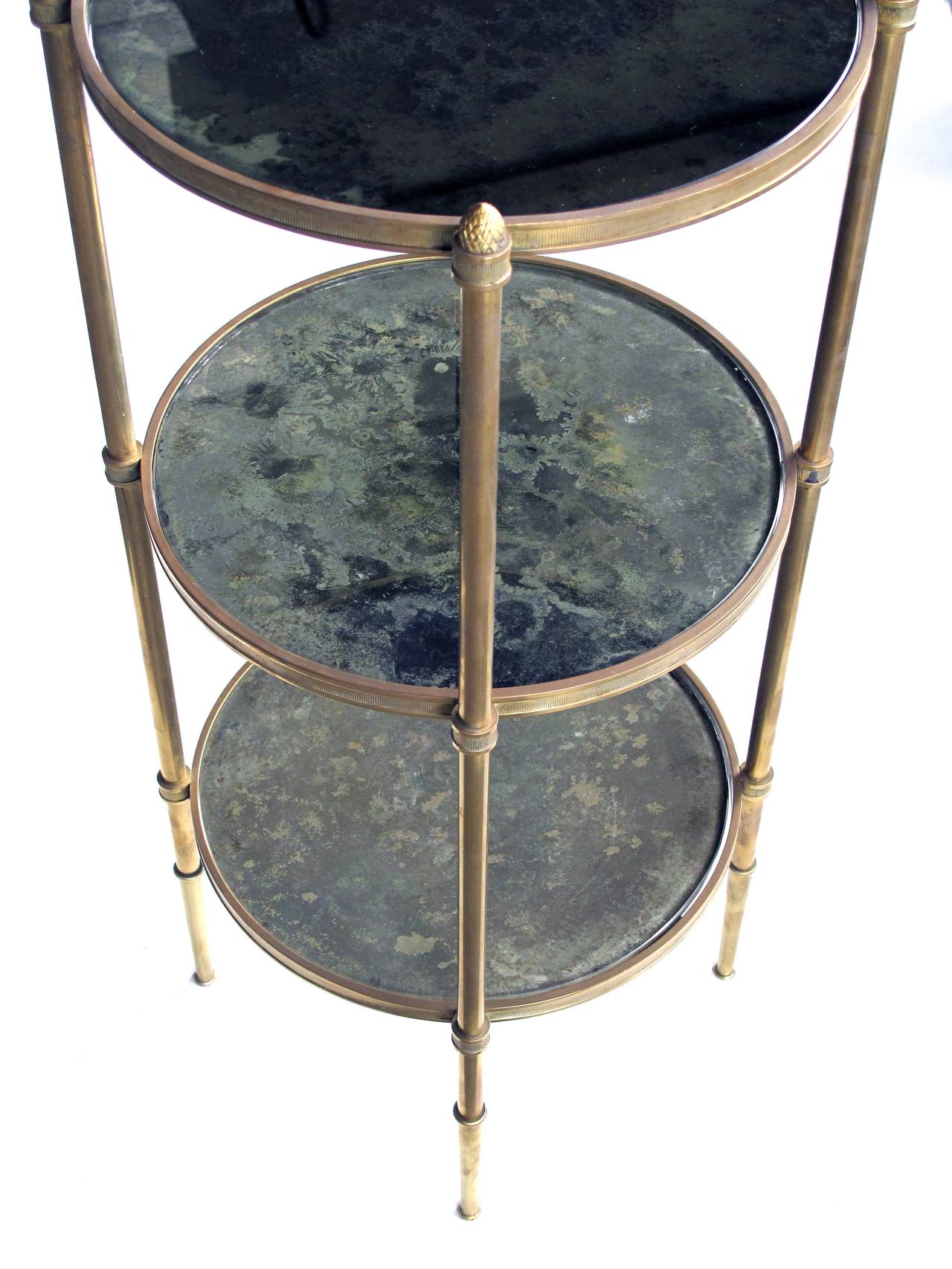 Brass Three-Tier Circular Side Table with Mirrored Shelves by Maison Bagues In Excellent Condition In San Francisco, CA