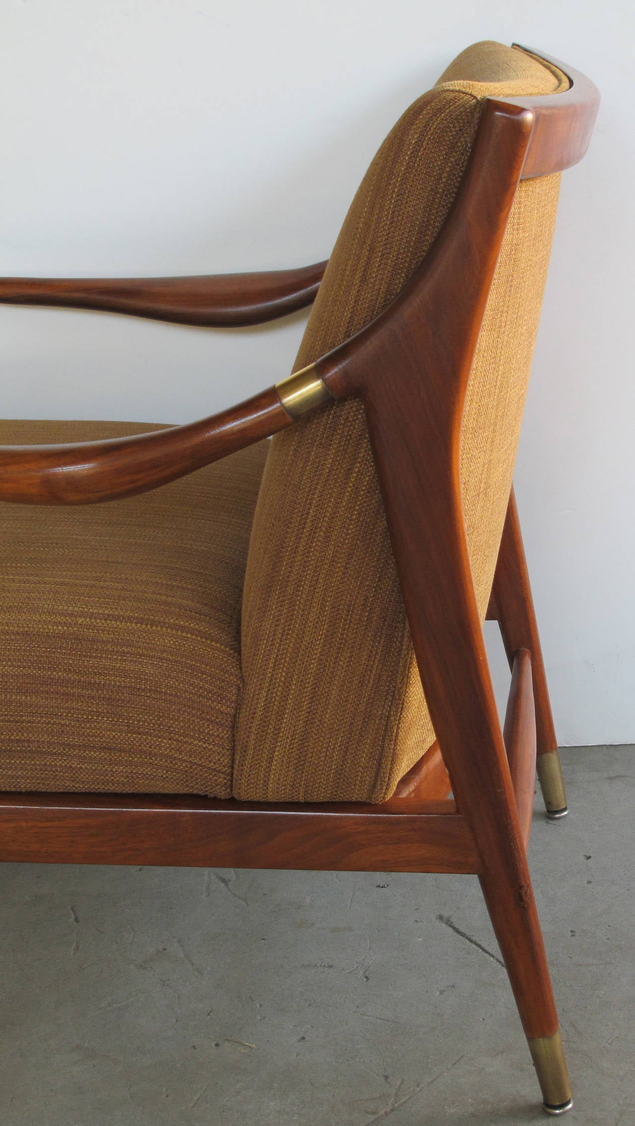 Pair of Danish Modern 1960s Brass Accented Lounge Chairs; Ib Kofod-Larsen 1