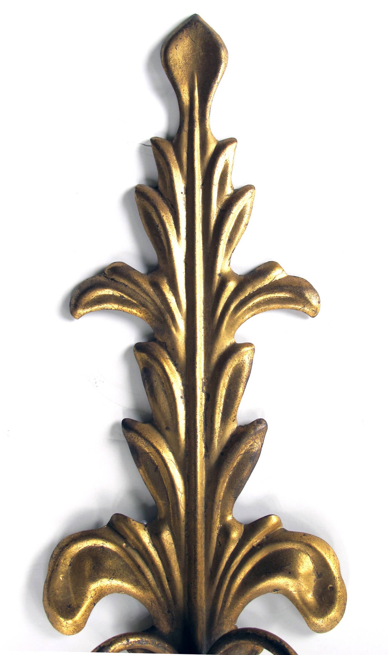 Stylish Pair of Italian 1960s Gilt-Tole Foliate-Form Two-Light Wall Sconces For Sale at 1stdibs