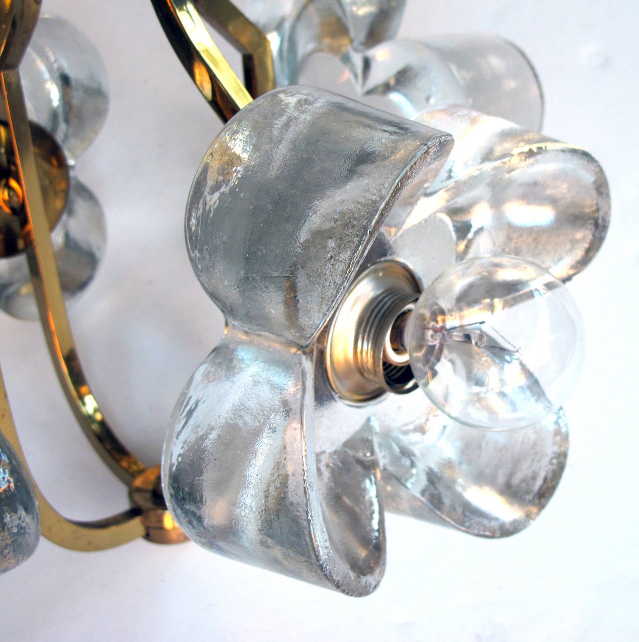 Italian Brass Four-Light Chandelier with Molded Glass Flowers by AV Mazzega In Excellent Condition In San Francisco, CA