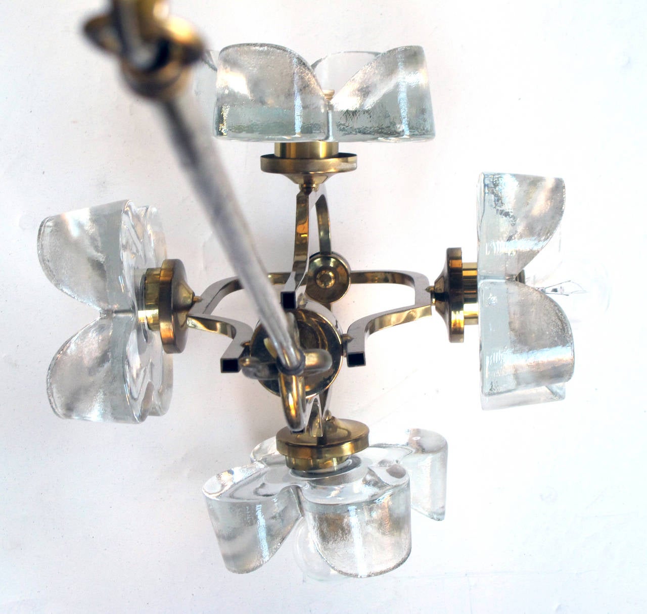 Finnish Italian Brass Four-Light Chandelier with Molded Glass Flowers by AV Mazzega