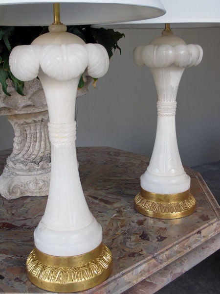 A Luminescent Pair of Italian Art Deco Carved Alabaster Lamps