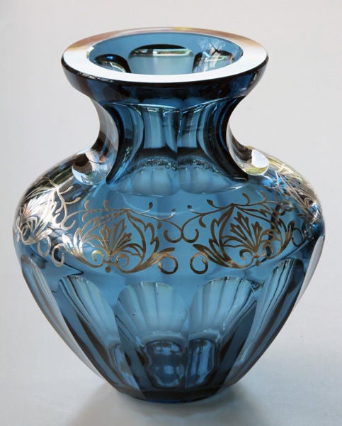 Czech A Good Quality Pair of Bohemian Art Deco Sea-Blue Crystal Vases