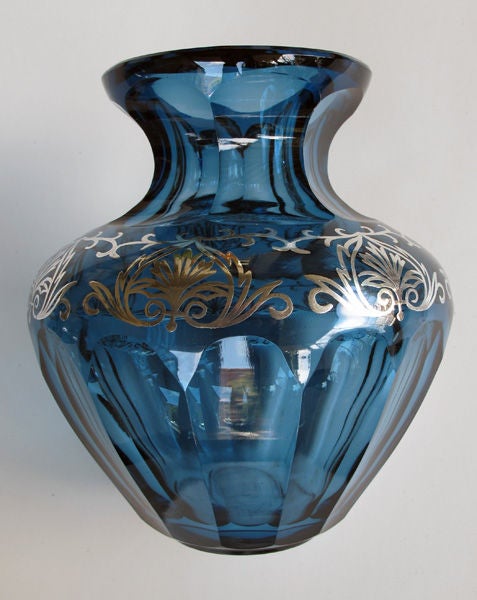 A Good Quality Pair of Bohemian Art Deco Sea-Blue Crystal Vases 1