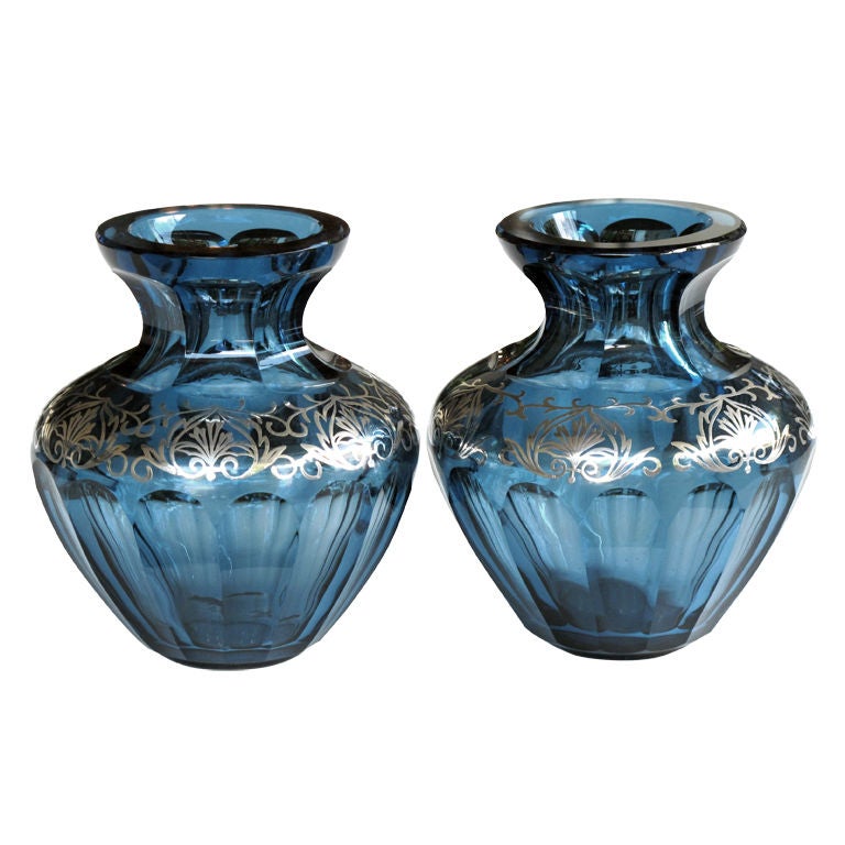 A Good Quality Pair of Bohemian Art Deco Sea-Blue Crystal Vases