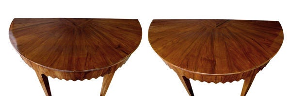 19th Century Handsome Pr of Italian Neoclassical Olivewood Demilune Consoles