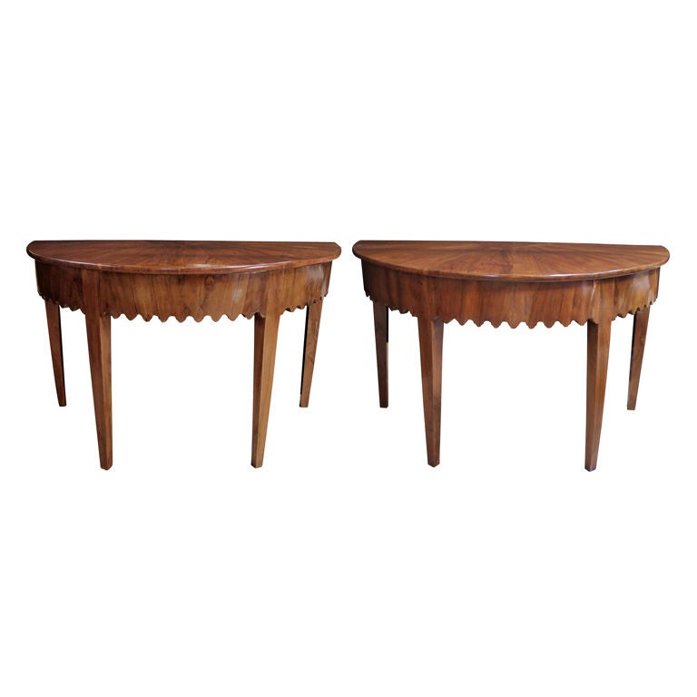 Handsome Pr of Italian Neoclassical Olivewood Demilune Consoles