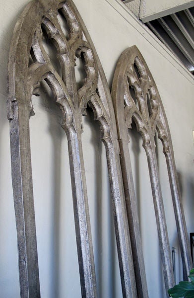 A Grand-Scaled Pair of American Gray Painted Neogothic  Window Frames 1